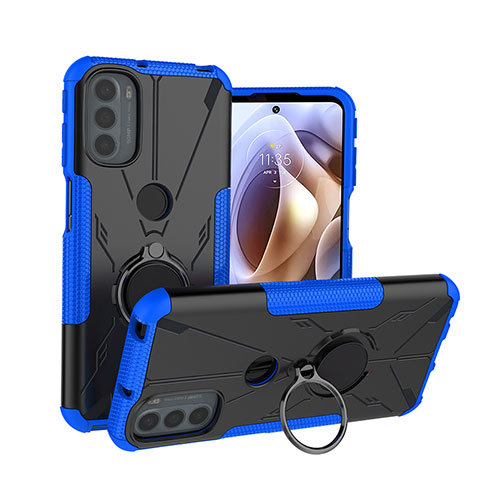 Coque Contour Silicone et Plastique Housse Etui Mat avec Magnetique Support Bague Anneau S02 pour Motorola Moto G31 Bleu