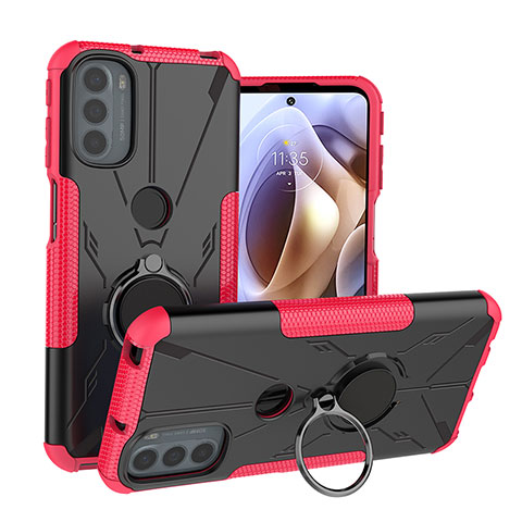 Coque Contour Silicone et Plastique Housse Etui Mat avec Magnetique Support Bague Anneau S02 pour Motorola Moto G31 Rose Rouge