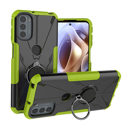 Coque Contour Silicone et Plastique Housse Etui Mat avec Magnetique Support Bague Anneau S02 pour Motorola Moto G31 Vert