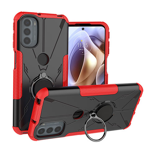 Coque Contour Silicone et Plastique Housse Etui Mat avec Magnetique Support Bague Anneau S02 pour Motorola Moto G41 Rouge