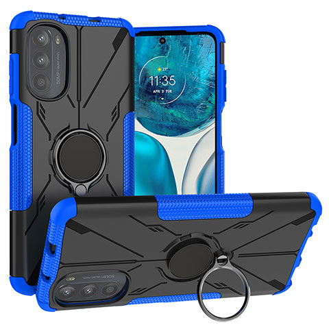 Coque Contour Silicone et Plastique Housse Etui Mat avec Magnetique Support Bague Anneau S02 pour Motorola MOTO G52 Bleu