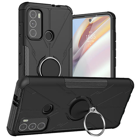 Coque Contour Silicone et Plastique Housse Etui Mat avec Magnetique Support Bague Anneau S02 pour Motorola Moto G60 Noir