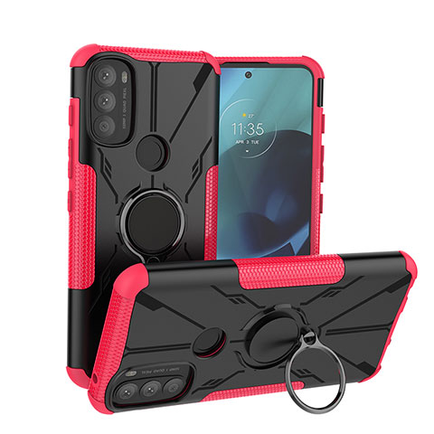 Coque Contour Silicone et Plastique Housse Etui Mat avec Magnetique Support Bague Anneau S02 pour Motorola Moto G71 5G Rose Rouge