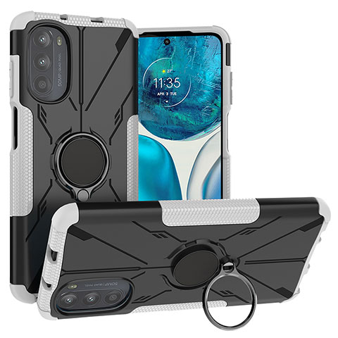 Coque Contour Silicone et Plastique Housse Etui Mat avec Magnetique Support Bague Anneau S02 pour Motorola Moto G71s 5G Blanc