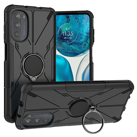 Coque Contour Silicone et Plastique Housse Etui Mat avec Magnetique Support Bague Anneau S02 pour Motorola Moto G71s 5G Noir