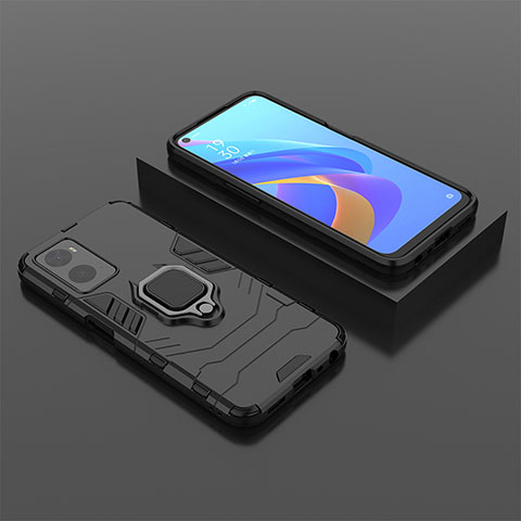 Coque Contour Silicone et Plastique Housse Etui Mat avec Magnetique Support Bague Anneau S02 pour Oppo A96 4G Noir