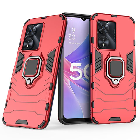 Coque Contour Silicone et Plastique Housse Etui Mat avec Magnetique Support Bague Anneau S02 pour Oppo A97 5G Rouge