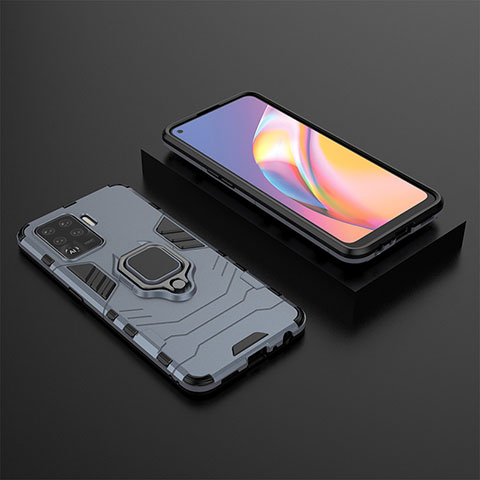 Coque Contour Silicone et Plastique Housse Etui Mat avec Magnetique Support Bague Anneau S02 pour Oppo F19 Pro Bleu