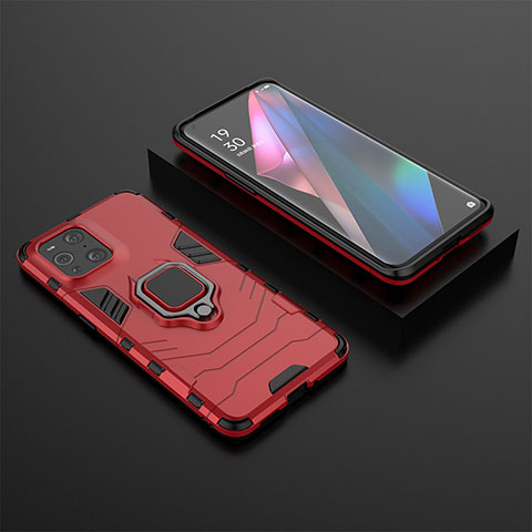 Coque Contour Silicone et Plastique Housse Etui Mat avec Magnetique Support Bague Anneau S02 pour Oppo Find X3 Pro 5G Rouge