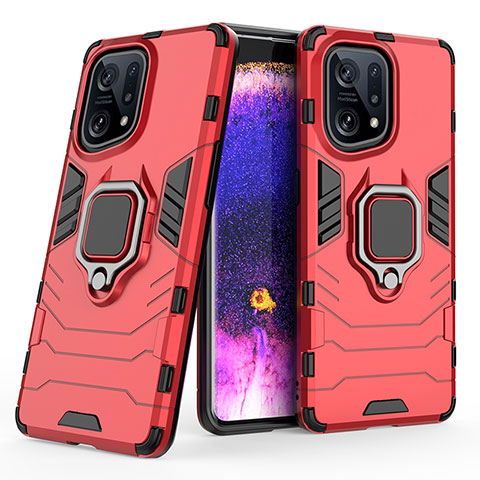 Coque Contour Silicone et Plastique Housse Etui Mat avec Magnetique Support Bague Anneau S02 pour Oppo Find X5 5G Rouge