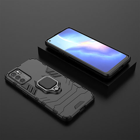 Coque Contour Silicone et Plastique Housse Etui Mat avec Magnetique Support Bague Anneau S02 pour Oppo Reno6 5G Noir