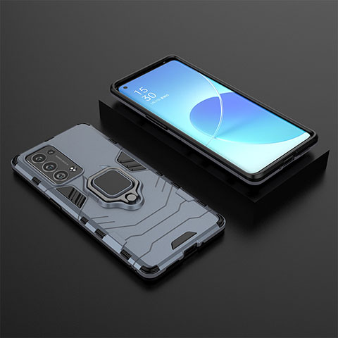 Coque Contour Silicone et Plastique Housse Etui Mat avec Magnetique Support Bague Anneau S02 pour Oppo Reno6 Pro 5G Bleu