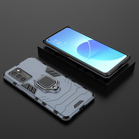 Coque Contour Silicone et Plastique Housse Etui Mat avec Magnetique Support Bague Anneau S02 pour Oppo Reno6 Pro 5G India Bleu