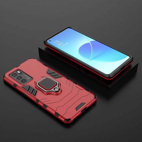 Coque Contour Silicone et Plastique Housse Etui Mat avec Magnetique Support Bague Anneau S02 pour Oppo Reno6 Pro 5G India Rouge