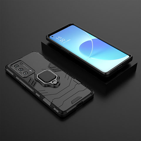 Coque Contour Silicone et Plastique Housse Etui Mat avec Magnetique Support Bague Anneau S02 pour Oppo Reno6 Pro+ Plus 5G Noir