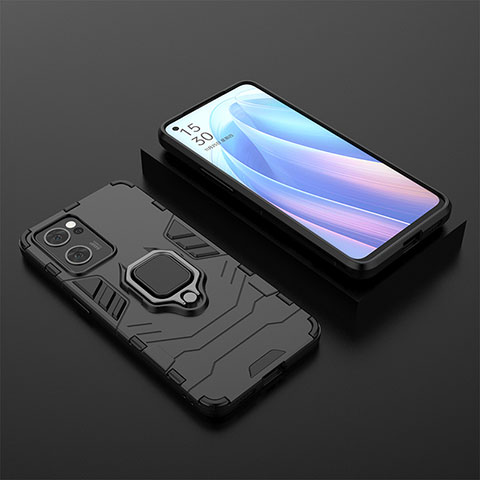 Coque Contour Silicone et Plastique Housse Etui Mat avec Magnetique Support Bague Anneau S02 pour Oppo Reno7 5G Noir