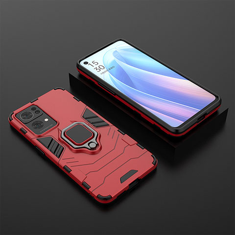 Coque Contour Silicone et Plastique Housse Etui Mat avec Magnetique Support Bague Anneau S02 pour Oppo Reno7 Pro 5G Rouge