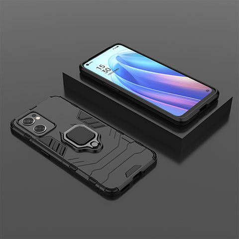 Coque Contour Silicone et Plastique Housse Etui Mat avec Magnetique Support Bague Anneau S02 pour Oppo Reno7 SE 5G Noir