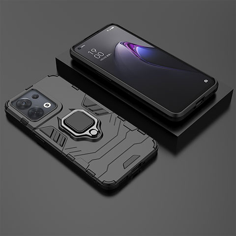 Coque Contour Silicone et Plastique Housse Etui Mat avec Magnetique Support Bague Anneau S02 pour Oppo Reno8 5G Noir