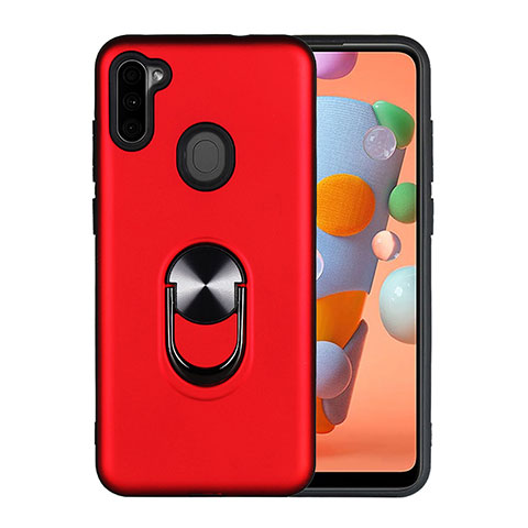 Coque Contour Silicone et Plastique Housse Etui Mat avec Magnetique Support Bague Anneau S02 pour Samsung Galaxy A11 Rouge