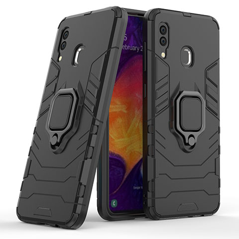 Coque Contour Silicone et Plastique Housse Etui Mat avec Magnetique Support Bague Anneau S02 pour Samsung Galaxy A20 Noir