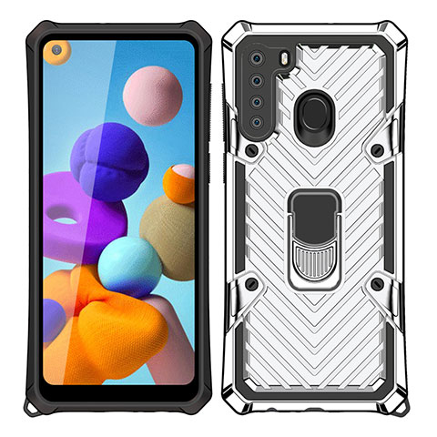 Coque Contour Silicone et Plastique Housse Etui Mat avec Magnetique Support Bague Anneau S02 pour Samsung Galaxy A21 Argent