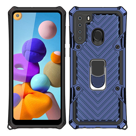 Coque Contour Silicone et Plastique Housse Etui Mat avec Magnetique Support Bague Anneau S02 pour Samsung Galaxy A21 Bleu