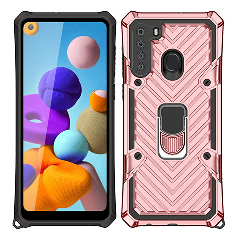 Coque Contour Silicone et Plastique Housse Etui Mat avec Magnetique Support Bague Anneau S02 pour Samsung Galaxy A21 Or Rose