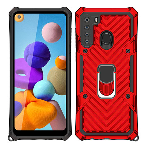 Coque Contour Silicone et Plastique Housse Etui Mat avec Magnetique Support Bague Anneau S02 pour Samsung Galaxy A21 Rouge