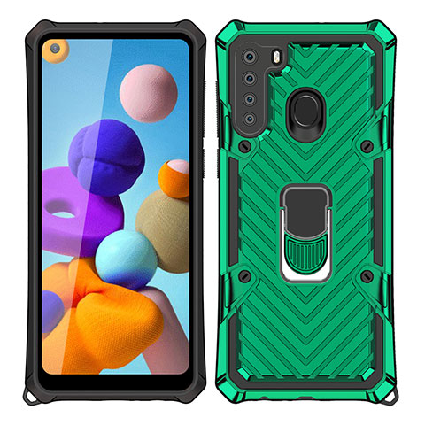 Coque Contour Silicone et Plastique Housse Etui Mat avec Magnetique Support Bague Anneau S02 pour Samsung Galaxy A21 Vert