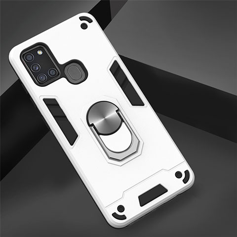 Coque Contour Silicone et Plastique Housse Etui Mat avec Magnetique Support Bague Anneau S02 pour Samsung Galaxy A21s Blanc