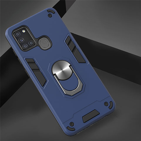 Coque Contour Silicone et Plastique Housse Etui Mat avec Magnetique Support Bague Anneau S02 pour Samsung Galaxy A21s Bleu