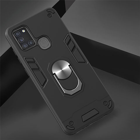 Coque Contour Silicone et Plastique Housse Etui Mat avec Magnetique Support Bague Anneau S02 pour Samsung Galaxy A21s Noir