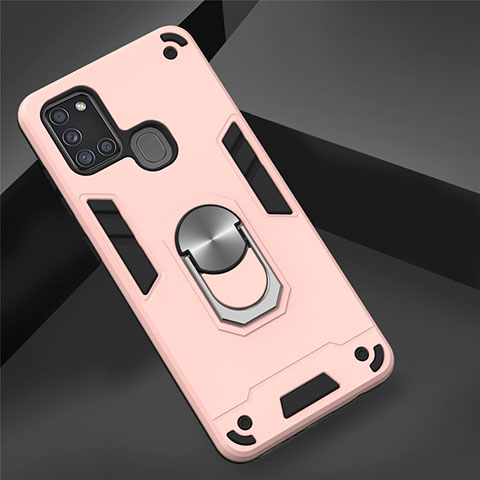 Coque Contour Silicone et Plastique Housse Etui Mat avec Magnetique Support Bague Anneau S02 pour Samsung Galaxy A21s Or Rose