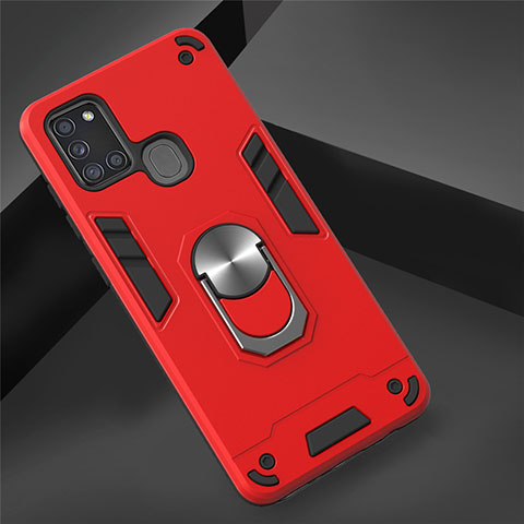 Coque Contour Silicone et Plastique Housse Etui Mat avec Magnetique Support Bague Anneau S02 pour Samsung Galaxy A21s Rouge