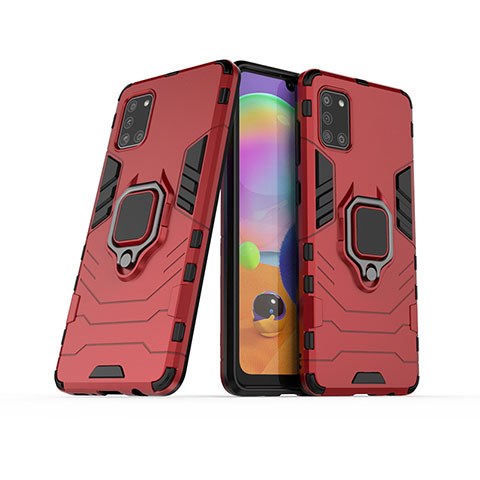 Coque Contour Silicone et Plastique Housse Etui Mat avec Magnetique Support Bague Anneau S02 pour Samsung Galaxy A31 Rouge