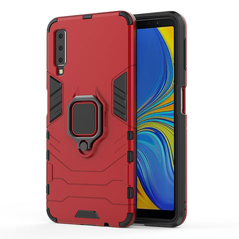 Coque Contour Silicone et Plastique Housse Etui Mat avec Magnetique Support Bague Anneau S02 pour Samsung Galaxy A7 (2018) A750 Rouge