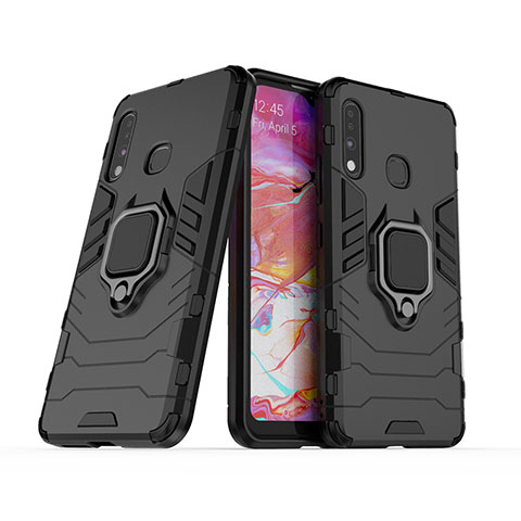 Coque Contour Silicone et Plastique Housse Etui Mat avec Magnetique Support Bague Anneau S02 pour Samsung Galaxy A70E Noir