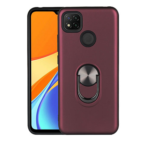 Coque Contour Silicone et Plastique Housse Etui Mat avec Magnetique Support Bague Anneau S02 pour Xiaomi Redmi 9C Vin Rouge