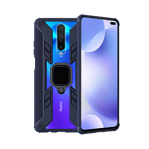 Coque Contour Silicone et Plastique Housse Etui Mat avec Magnetique Support Bague Anneau S02 pour Xiaomi Redmi K30i 5G Bleu