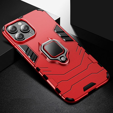 Coque Contour Silicone et Plastique Housse Etui Mat avec Magnetique Support Bague Anneau S03 pour Apple iPhone 13 Pro Rouge