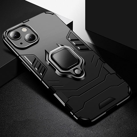 Coque Contour Silicone et Plastique Housse Etui Mat avec Magnetique Support Bague Anneau S03 pour Apple iPhone 14 Plus Noir