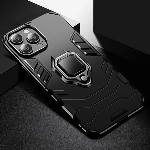 Coque Contour Silicone et Plastique Housse Etui Mat avec Magnetique Support Bague Anneau S03 pour Apple iPhone 14 Pro Max Noir