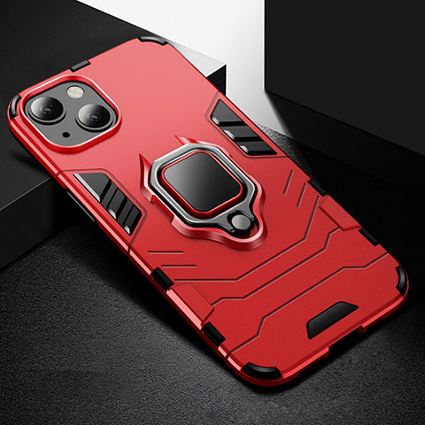 Coque Contour Silicone et Plastique Housse Etui Mat avec Magnetique Support Bague Anneau S03 pour Apple iPhone 14 Rouge