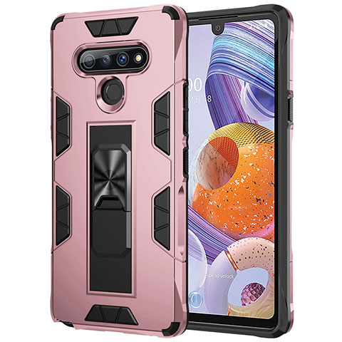 Coque Contour Silicone et Plastique Housse Etui Mat avec Magnetique Support Bague Anneau S03 pour LG Stylo 6 Or Rose