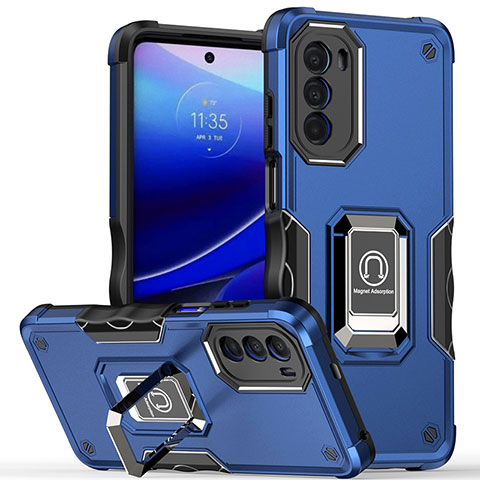 Coque Contour Silicone et Plastique Housse Etui Mat avec Magnetique Support Bague Anneau S03 pour Motorola MOTO G52 Bleu