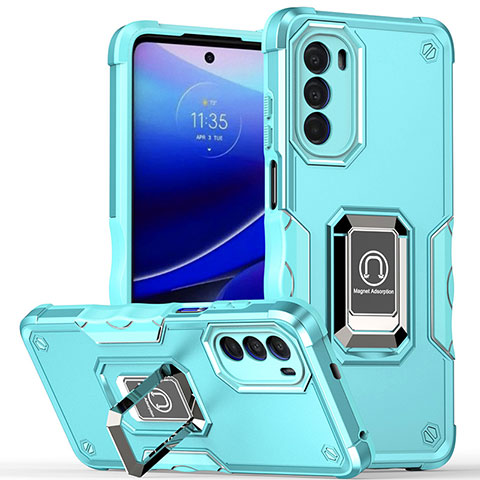 Coque Contour Silicone et Plastique Housse Etui Mat avec Magnetique Support Bague Anneau S03 pour Motorola MOTO G52 Cyan