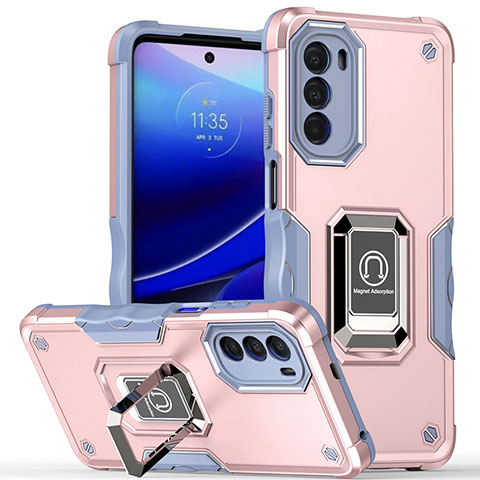 Coque Contour Silicone et Plastique Housse Etui Mat avec Magnetique Support Bague Anneau S03 pour Motorola Moto G71s 5G Rose