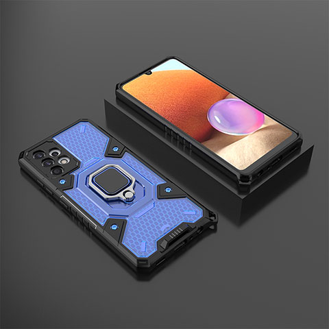 Coque Contour Silicone et Plastique Housse Etui Mat avec Magnetique Support Bague Anneau S03 pour Samsung Galaxy A32 4G Bleu