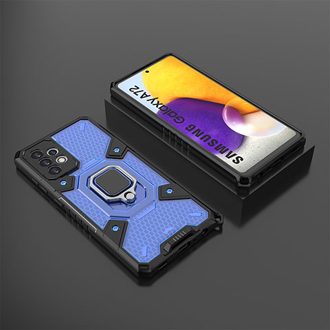 Coque Contour Silicone et Plastique Housse Etui Mat avec Magnetique Support Bague Anneau S03 pour Samsung Galaxy A72 5G Bleu